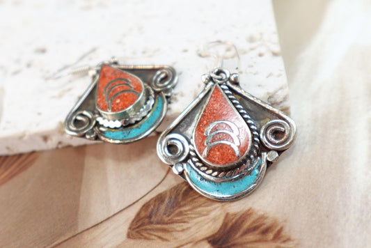 Tibetan Earrings, Turquoise and Coral Boho Earrings.