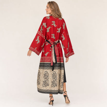 Back view of Elephant Print Cotton Silk Kimono Temple Parade showing contrasting batik floral panel