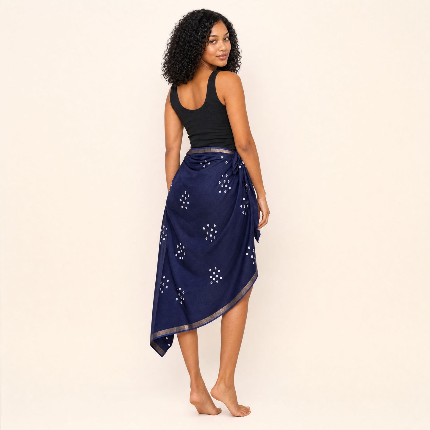 Bandhani Cotton-Silk Sarong — Indigo Tide — back view showing wrap drape and gold zari hem