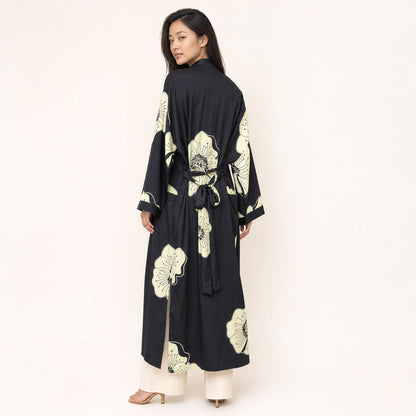 Back view of Floral Viscose Kimono Midnight Bloom showing self-fabric belt bow detail