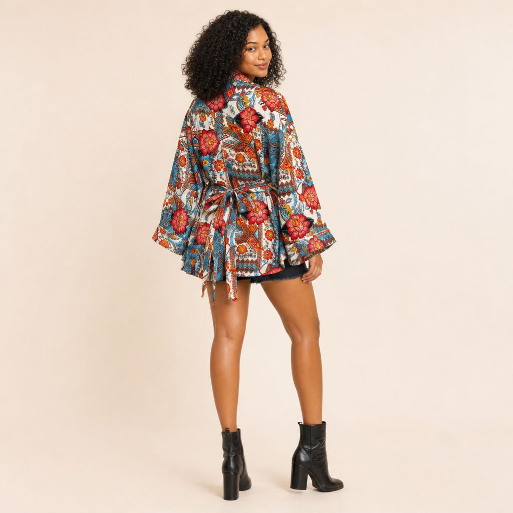 Back view of Floral Patchwork Kimono showing self-fabric belt bow at waist
