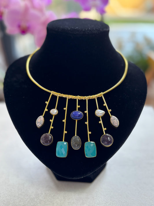 Handcrafted 18K Gold-Plated Multicolor Gemstone Hasli Necklace