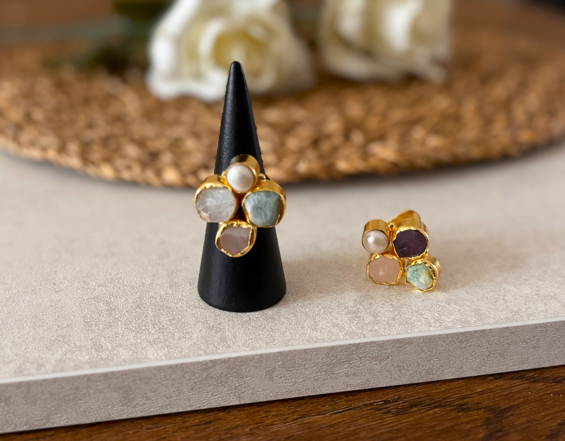Bold Harmony Natural Stone Cluster Rings – Handcrafted  18k Gold-Plated Statement Ring.