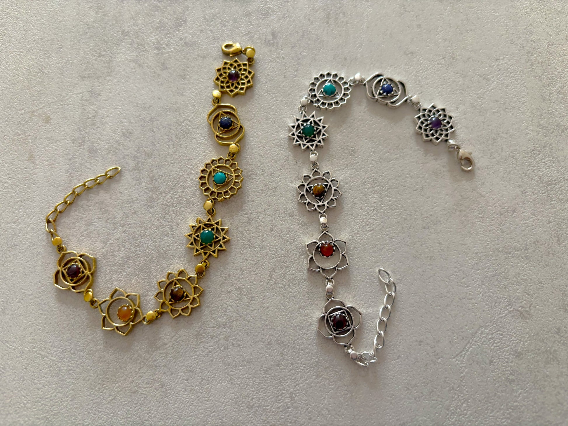 Seven chakra sacred geometry charm bracelet with gemstone beads in silver and gold