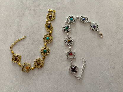 Seven chakra sacred geometry charm bracelet with gemstone beads in silver and gold