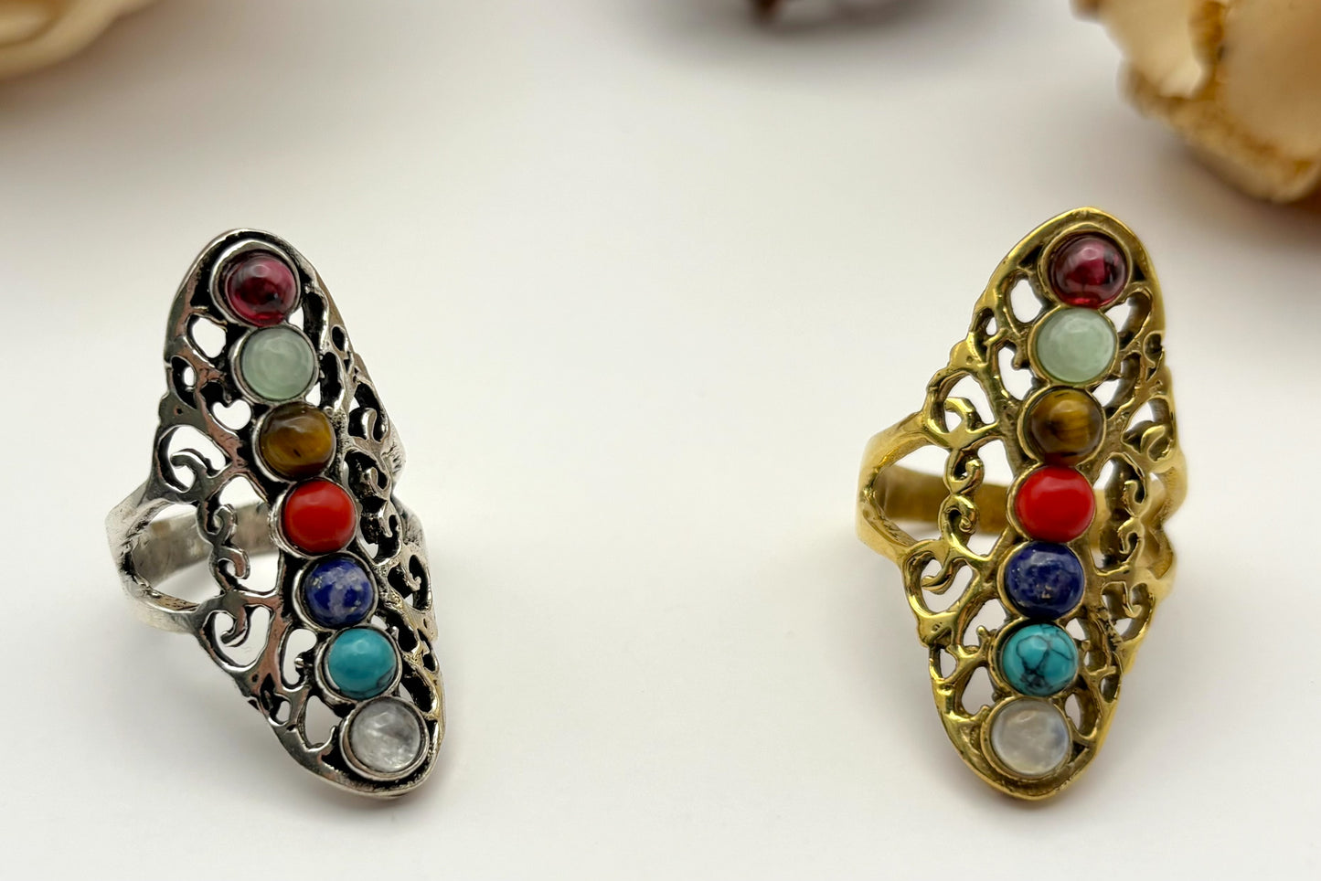 Bohemian Chakra Multi-Stone Adjustable Ring – Vintage Brass Statement Ring