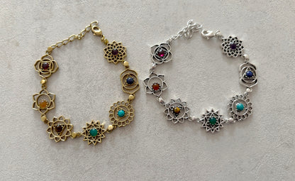 Seven chakra sacred geometry charm bracelet with gemstone beads in silver and gold