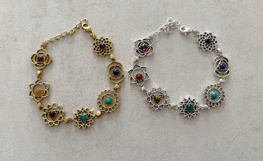 Seven chakra sacred geometry charm bracelet with gemstone beads in silver and gold