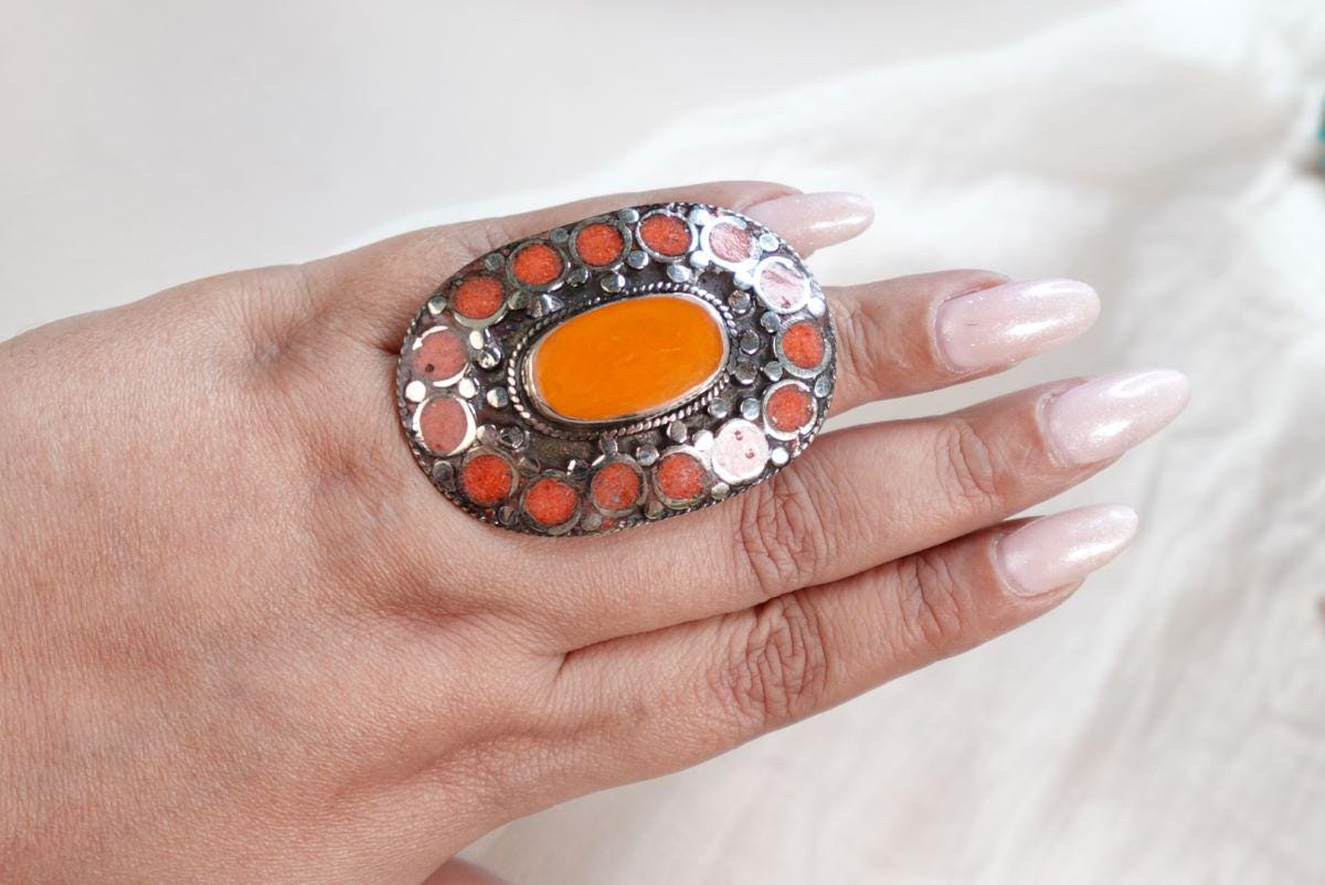Large Ethnic Adjustable Tibetan Silver Rings, Turquoise, Coral Inlay Rings.