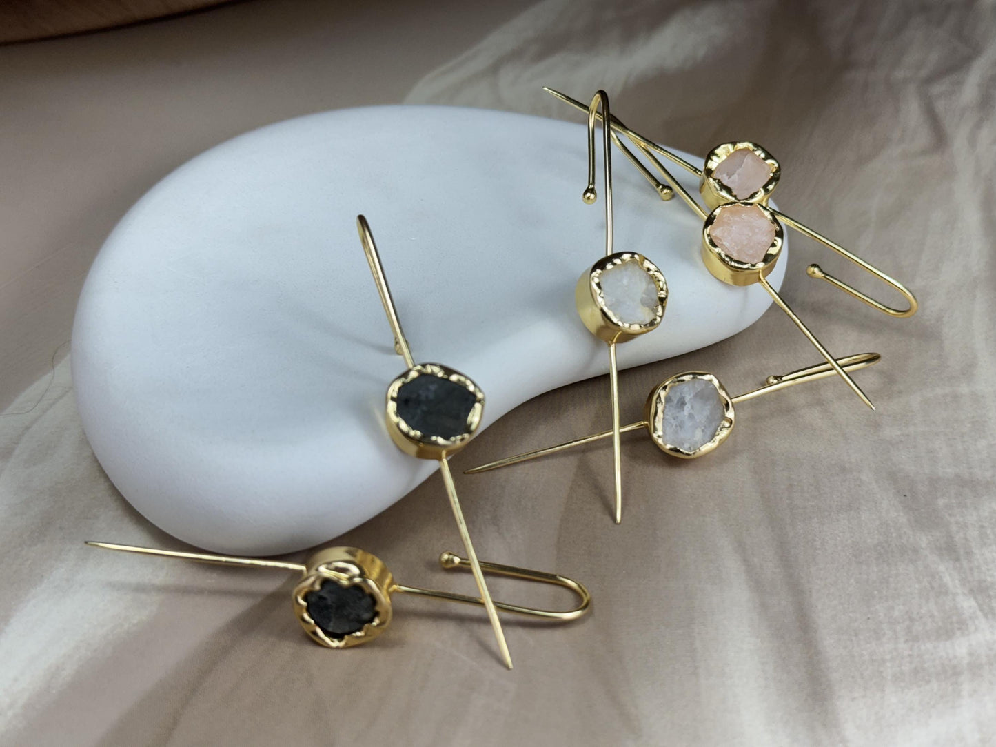 Raw Stone Minimalist Hook Earrings – 18K Gold Plated.