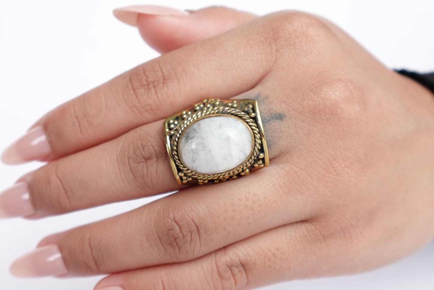 Vintage Brass Ring with White Moonstone – Ethereal Boho Statement.