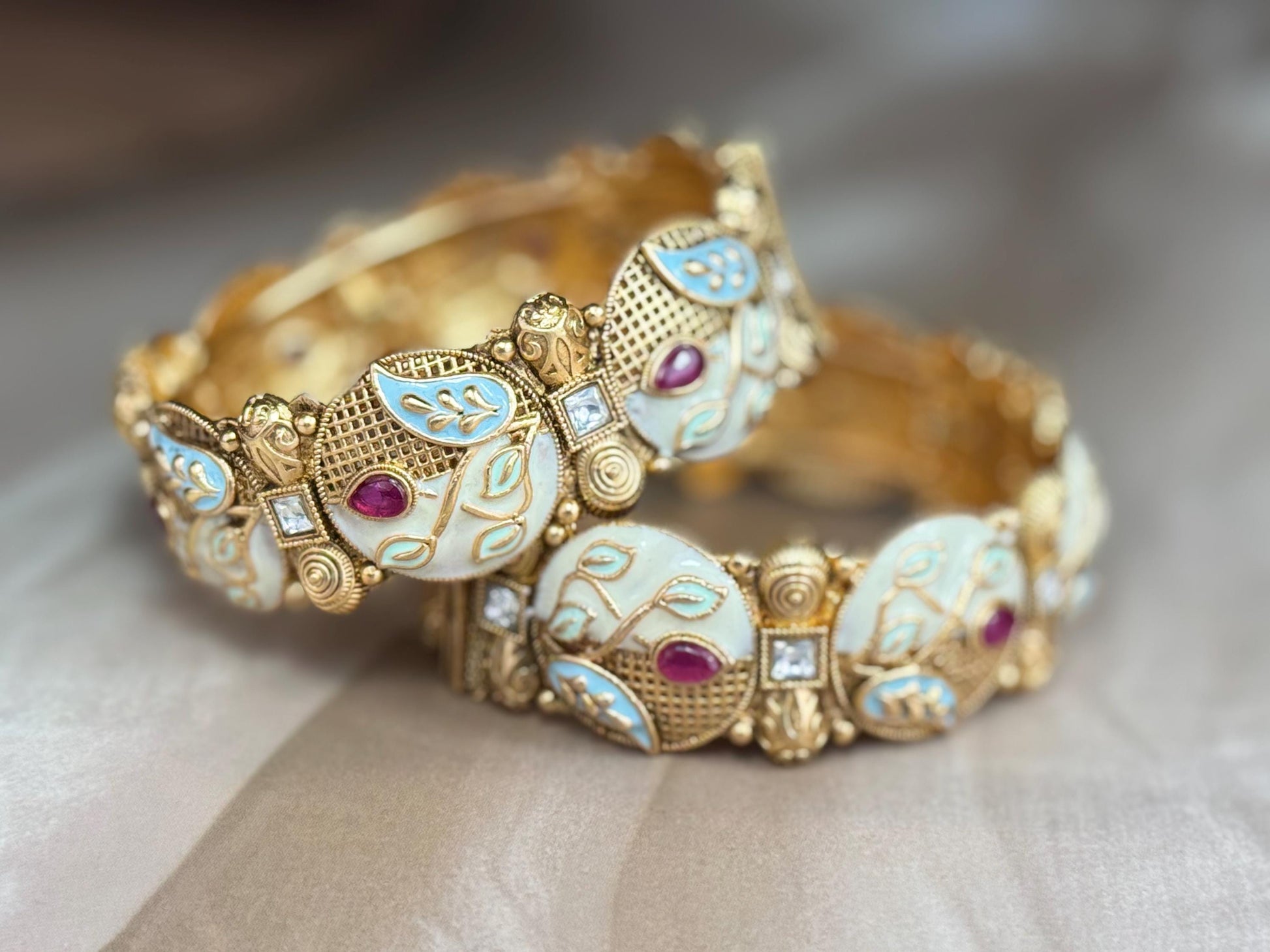 Ivory Enamel Leaf Kada - Hand-painted bridal kada..