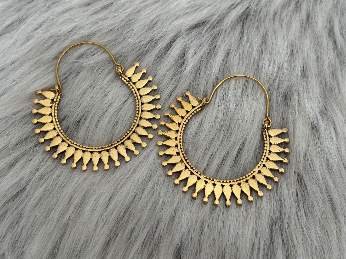 Soleil Mandala Brass Hoops – Ethnic Boho Statement Earrings.