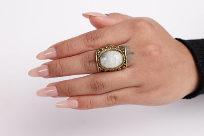 Vintage Brass Ring with White Moonstone – Ethereal Boho Statement.