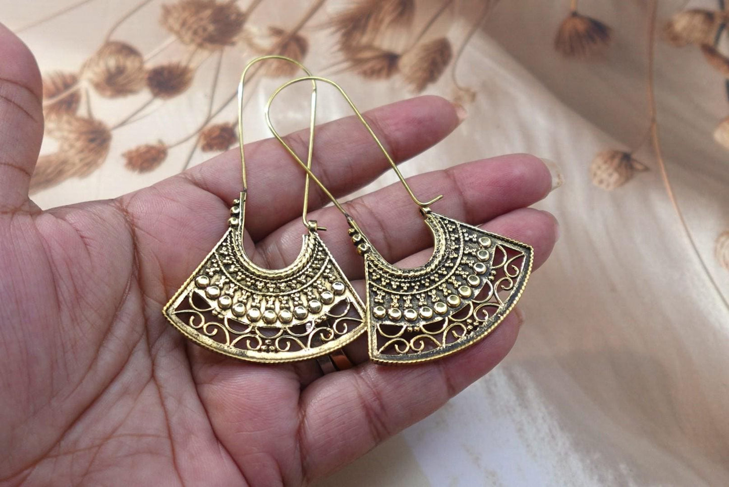 Fan-Shaped Tribal Brass/Silver Earrings