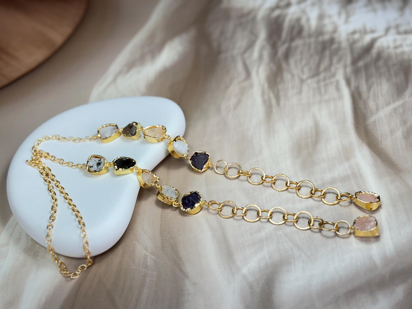 Handcrafted 18K Gold-Plated Statement Necklace with Raw Natural Stone – Amethyst, Moonstone & Quartz Cascade Design.