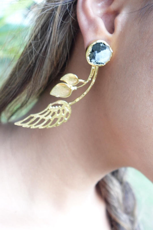 Natural Stone Earrings, Gold-plated earrings, Gold Leaf and Wing Statement Earrings.