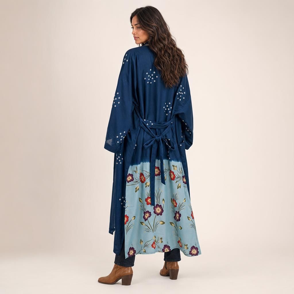 Back view of Bandhani Kimono Hidden Bloom showing aqua floral hem panel and belt bow