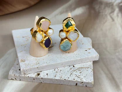 Bold Harmony Natural Stone Cluster Rings – Handcrafted  18k Gold-Plated Statement Jewellery.