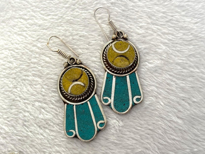 Ethnic Earrings-Nepal Tibet-Natural Stone Jewellery-Silver Stone Earrings.