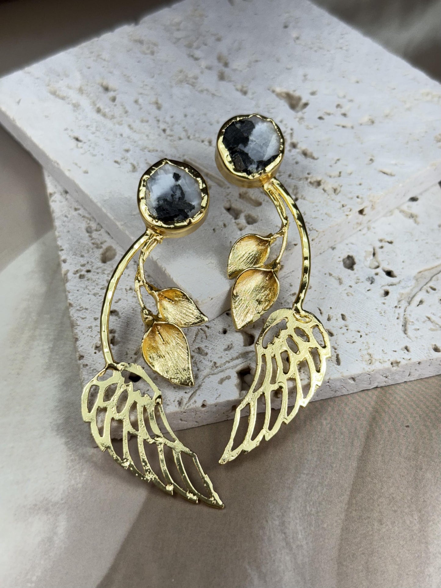 Natural Stone Earrings, Gold-plated earrings, Gold Leaf and Wing Statement Earrings.