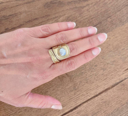Handcrafted Brass Adjustable Rings with Moonstone – Ethnic Boho Design.