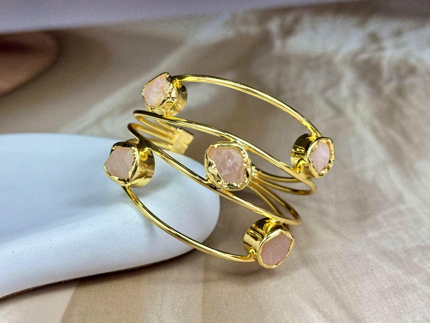 18K Gold-Plated natural stone adjustable Cuff Bracelet.