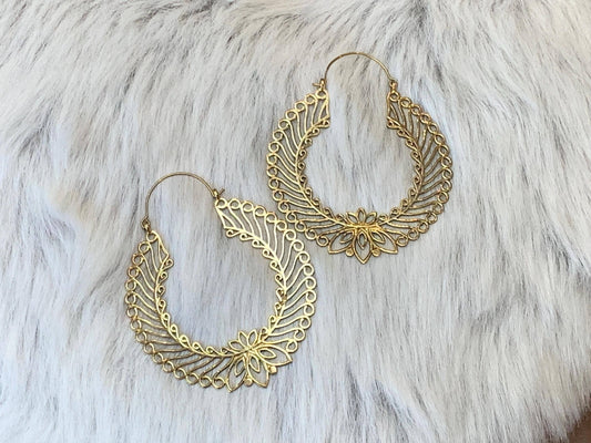 Golden/Sliver Lotus Filigree Hoops - Intricate Mandala-Inspired Brass Statement Earrings..