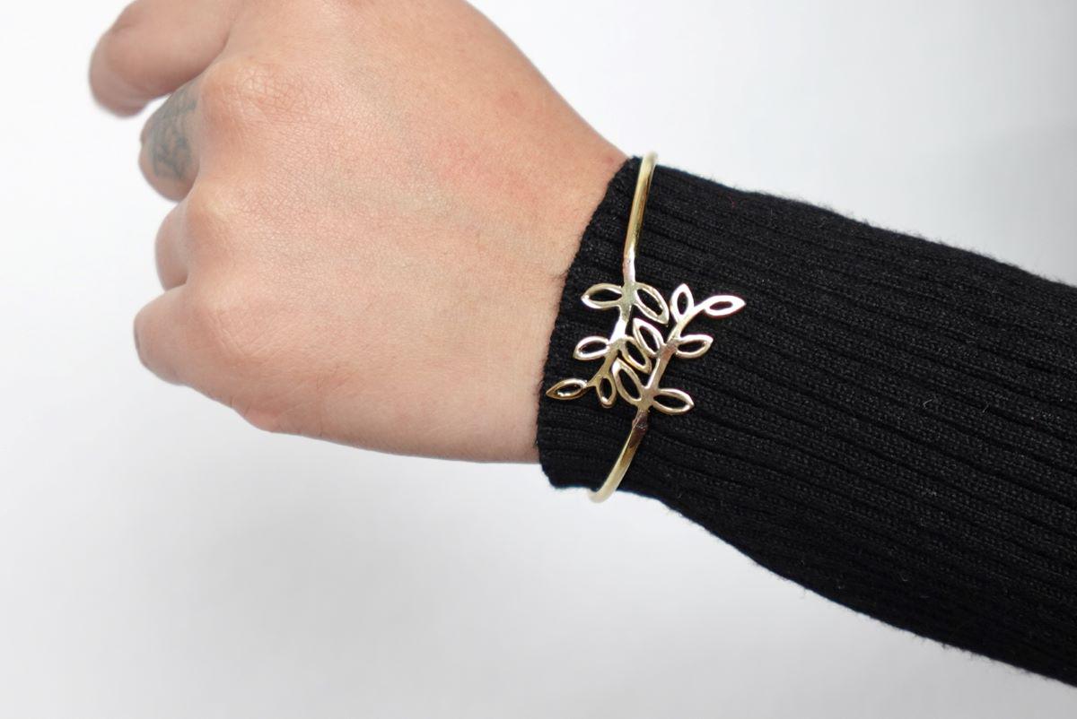 Leaf Motif Brass Adjustable Bracelet - Open cuff bracelet with a delicate leaf design—lightweight and nature-inspired.