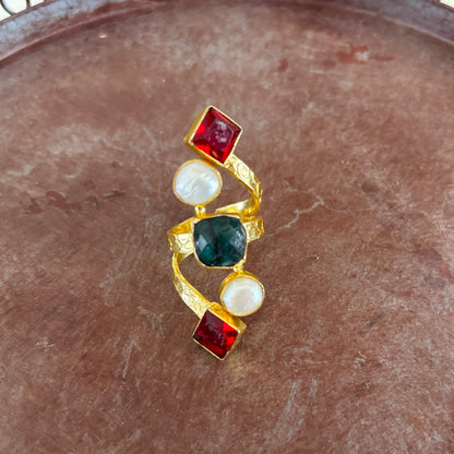Natural Gemstone & Pearl Wrap Ring — Mughal Garden