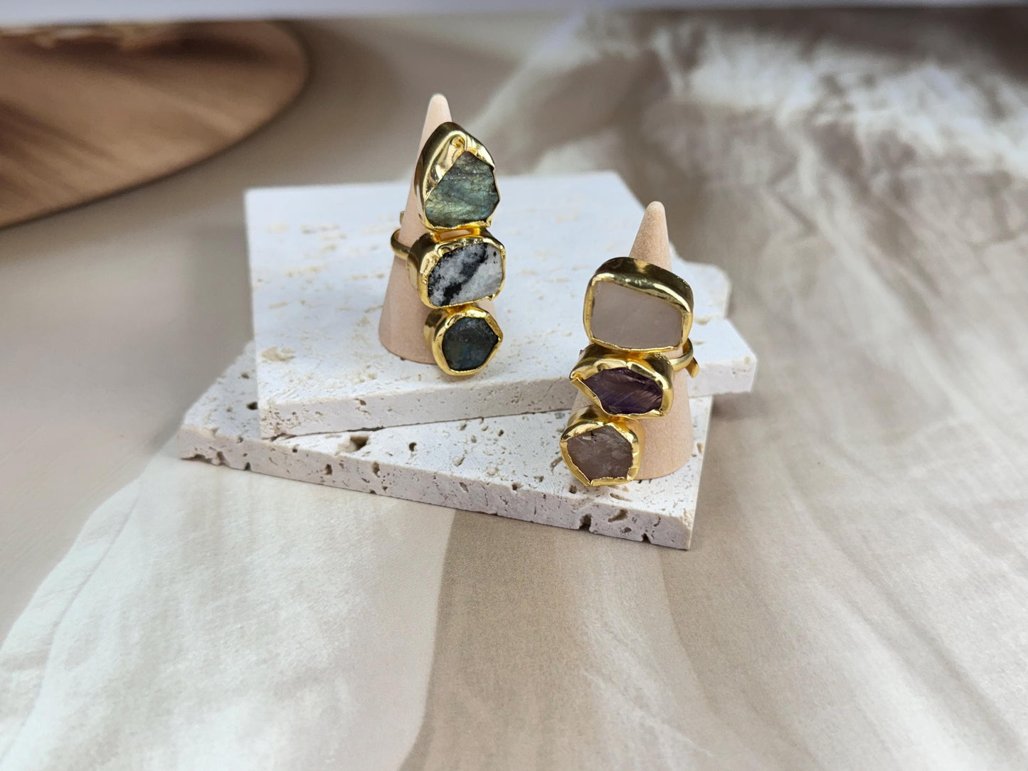 Earthbound Elegance Trio Stone Rings – Textured 18K Gold-Plated Brass Setting.