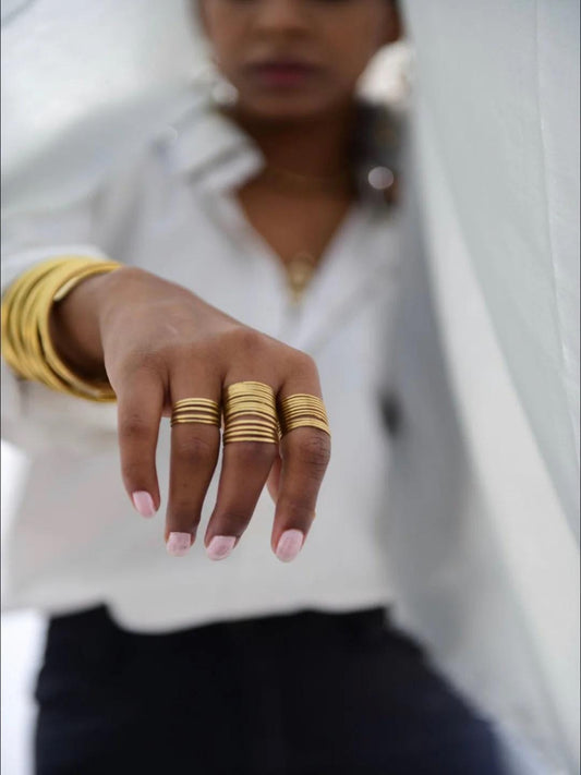 Textured Brass Wrap Ring Duo – Gold/Silver Adjustable Boho Statement Rings.
