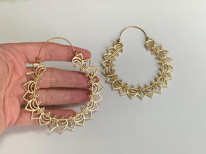 Sunray Mandala Brass/Silver Hoops – Bold Bohemian Circle Earrings.