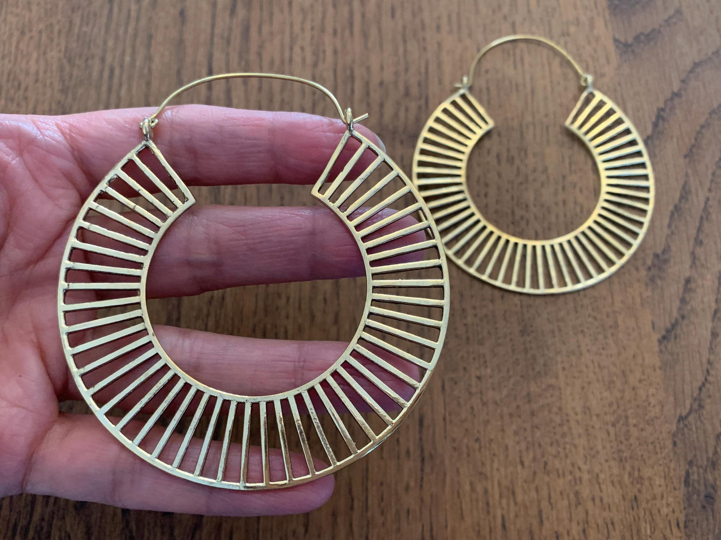 Sundial Line Hoops - Structured Brass Hoop Earrings with Sunray Cut Design.