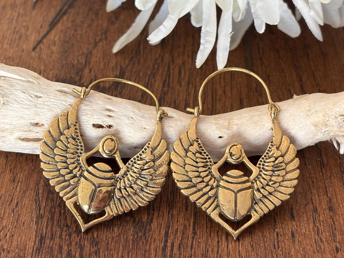 Scarab Wings Hoops - Egyptian-Inspired Double-Sided Brass Beetle Earrings.