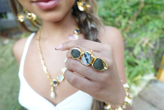 Earthbound Elegance Trio Stone Rings – Textured 18K Gold-Plated Brass Setting.