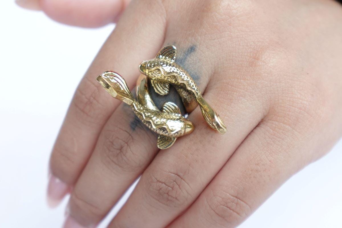 Twin Koi Fish Adjustable Ring – Brass Art Jewelry Inspired by Nature..