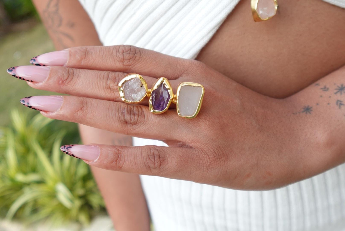 Earthbound Elegance Trio Stone Rings – Textured 18K Gold-Plated Brass Setting.