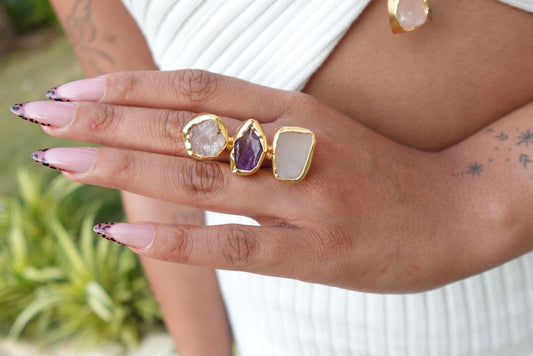 Earthbound Elegance Trio Stone Rings – Textured 18K Gold-Plated Brass Setting.