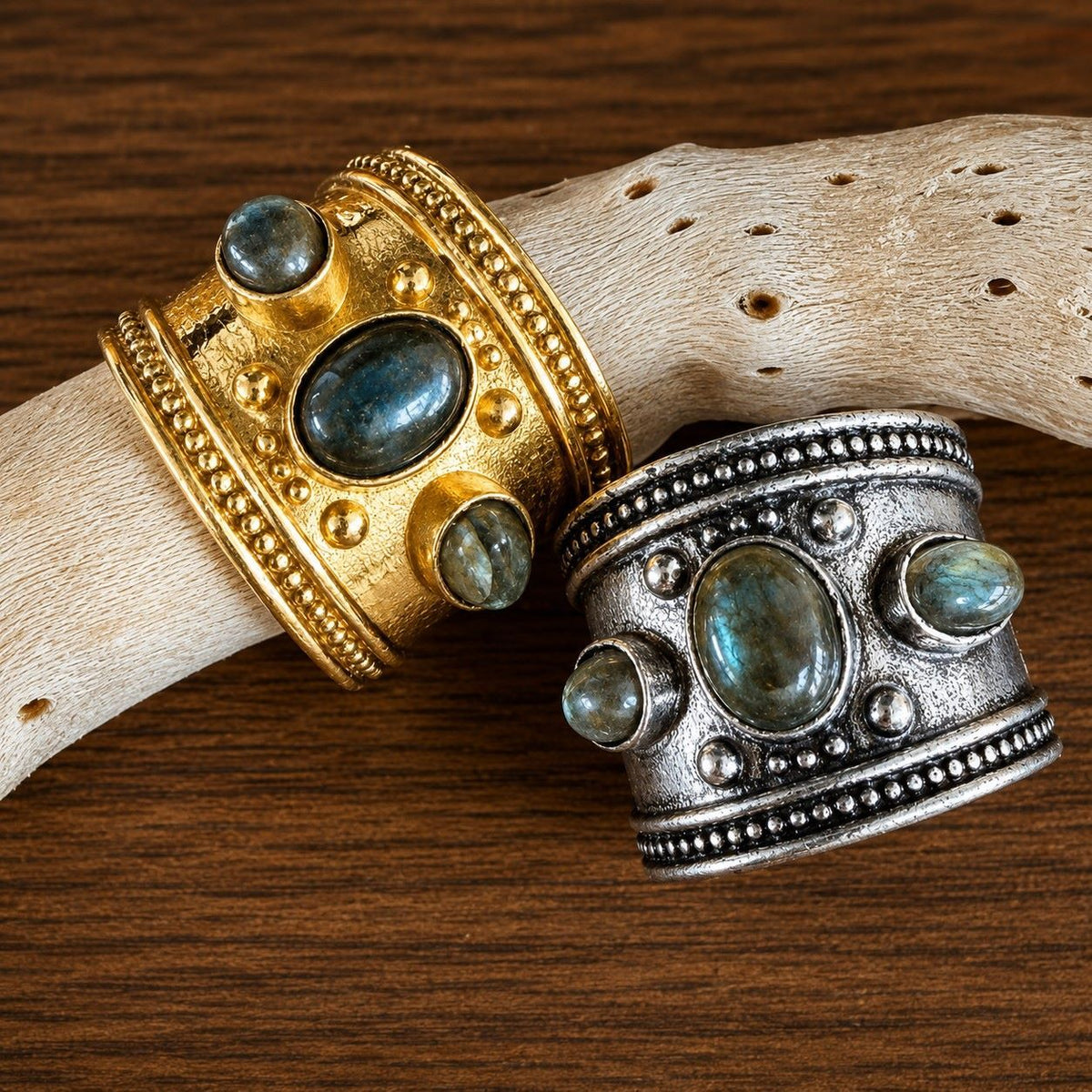 Byzantine Gemstone Statement Ring — Temple Relic in gold and silver finishes with labradorite by Boho Mantra