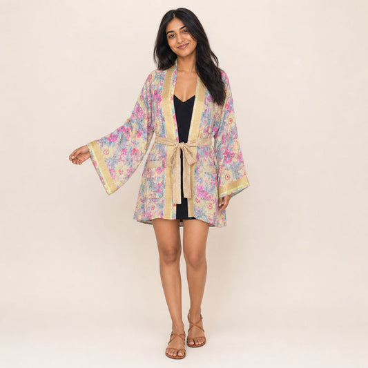 Watercolour Floral Georgette Kimono Garden Reverie - gold zari borders, open front, by Boho Mantra