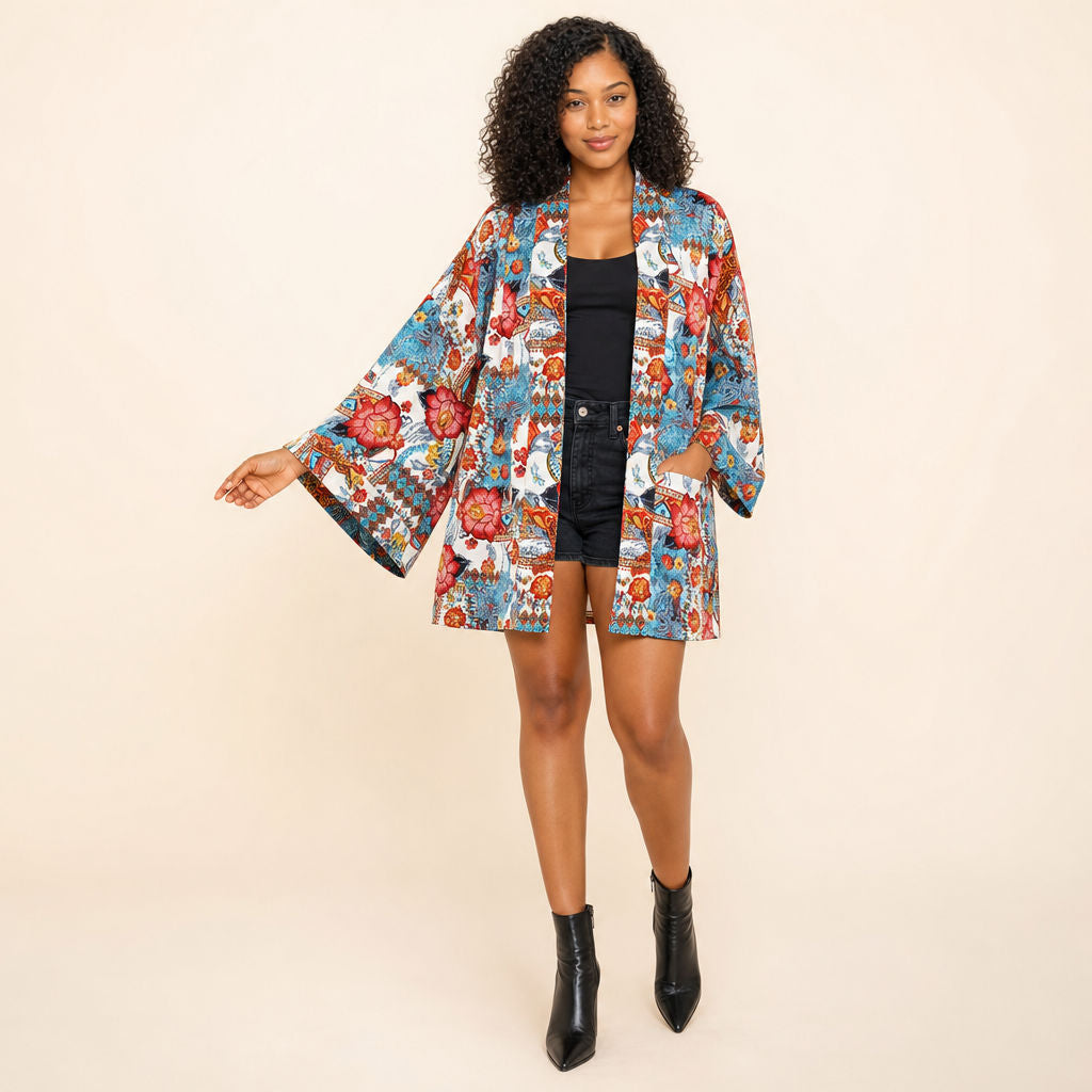 Floral Patchwork Viscose Kimono Crimson Bazaar — front view on model by Boho Mantra