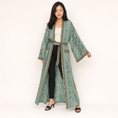 Metallic Floral Print Viscose Kimono Gilded Garden — teal and gold foil kimono by Boho Mantra