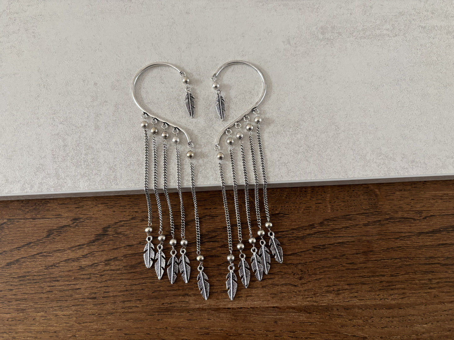 Boho Feather Chain Ear Cuff Earrings – Brass/Silver Statement Earrings