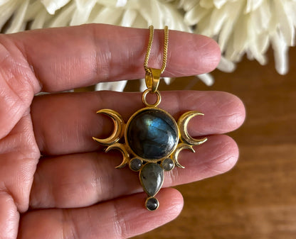 Gold/Sliver Triple Goddess Pendant with Labradorite/Moonstone – Brass Pendant.