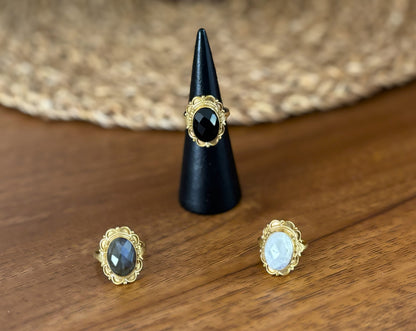 Vintage Oval Gemstone Adjustable Ring – Boho Statement Ring | Gold & Silver Finish