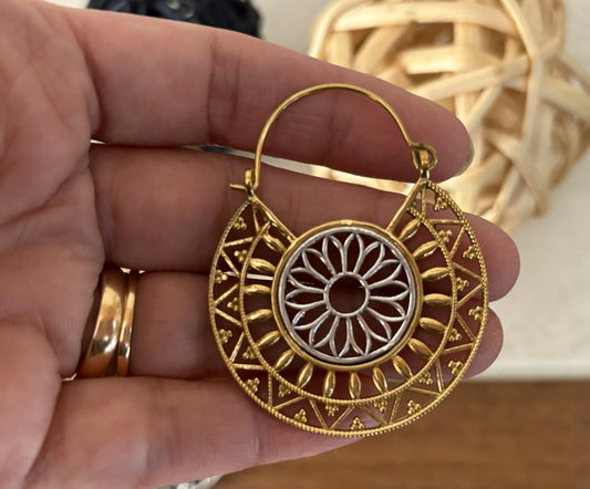 Dual Tone Mandala Brass Earrings – Boho Geometric Statement Earrings.