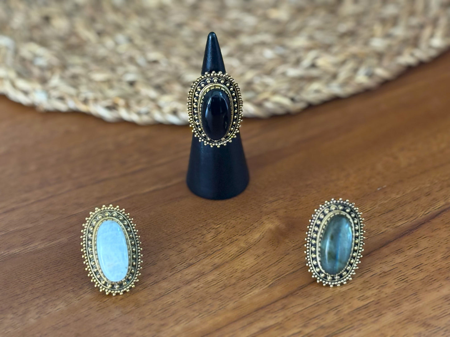 Boho Oval Gemstone Adjustable Ring – Gold/Silver Vintage Brass Statement Ring