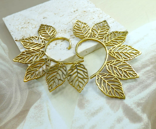 Boho Leaf Ear Cuff – Nature-Inspired Brass/Silver Statement Earrings