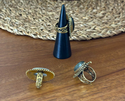 Boho Oval Gemstone Adjustable Ring – Gold/Silver Vintage Brass Statement Ring